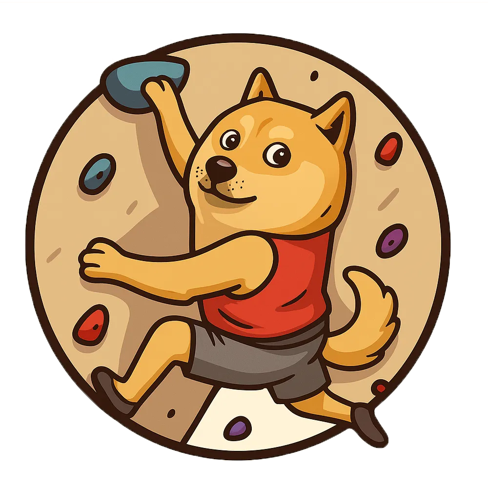 The DynoDoge mascot — a Shiba Inu climbing a bouldering wall